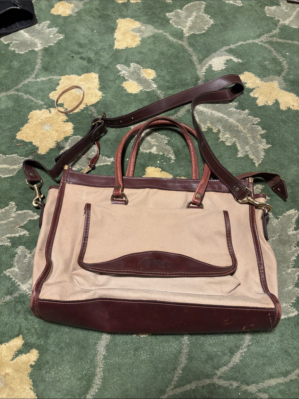 Orvis Beige and Brown Canvas Leather Tote Bag